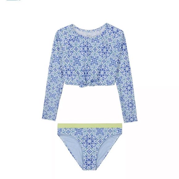 Roxy 2-pc. Fresco Tile Crop Rash Guard Set, Blue bonneT, Size 14, NWT - Picture 1 of 10